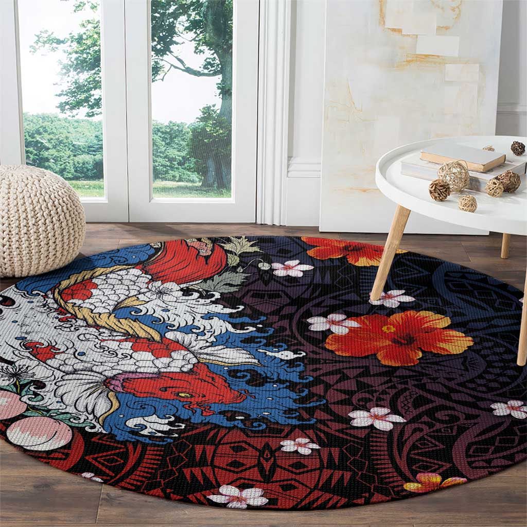 Hawaiian and Japanese Together Round Carpet Hibiscus and Koi Fish Polynesian Pattern Colorful Style LT03 - Polynesian Pride
