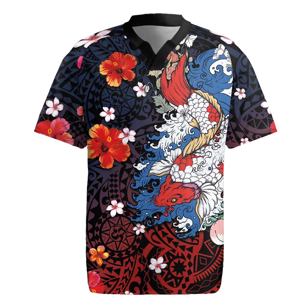 Hawaiian and Japanese Together Rugby Jersey Hibiscus and Koi Fish Polynesian Pattern Colorful Style