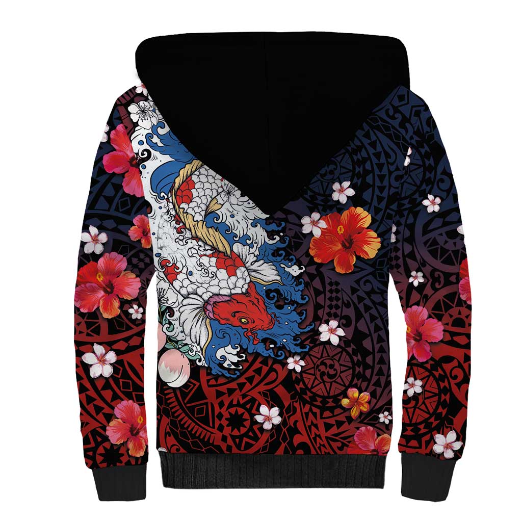 Hawaiian and Japanese Together Sherpa Hoodie Hibiscus and Koi Fish Polynesian Pattern Colorful Style