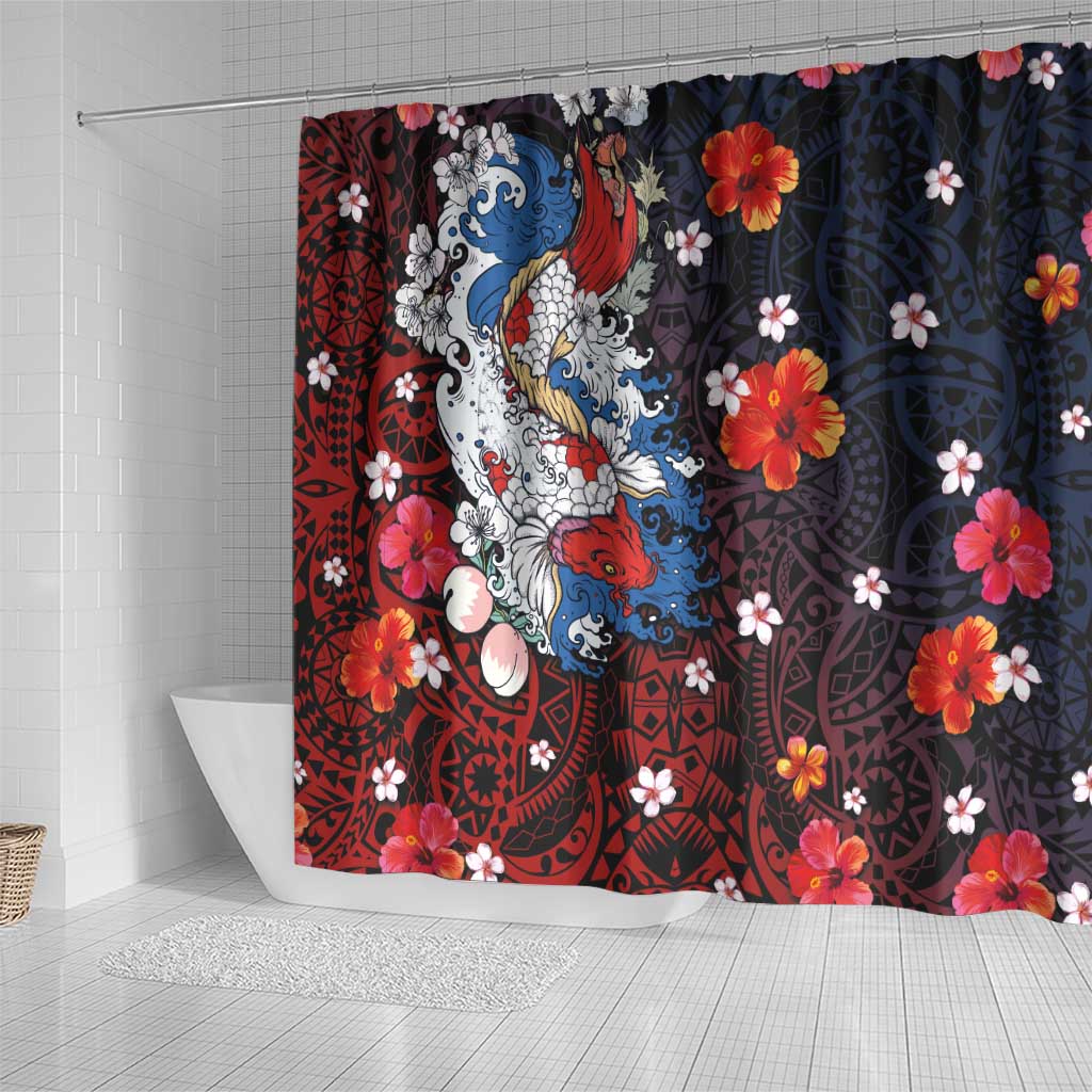 Hawaiian and Japanese Together Shower Curtain Hibiscus and Koi Fish Polynesian Pattern Colorful Style