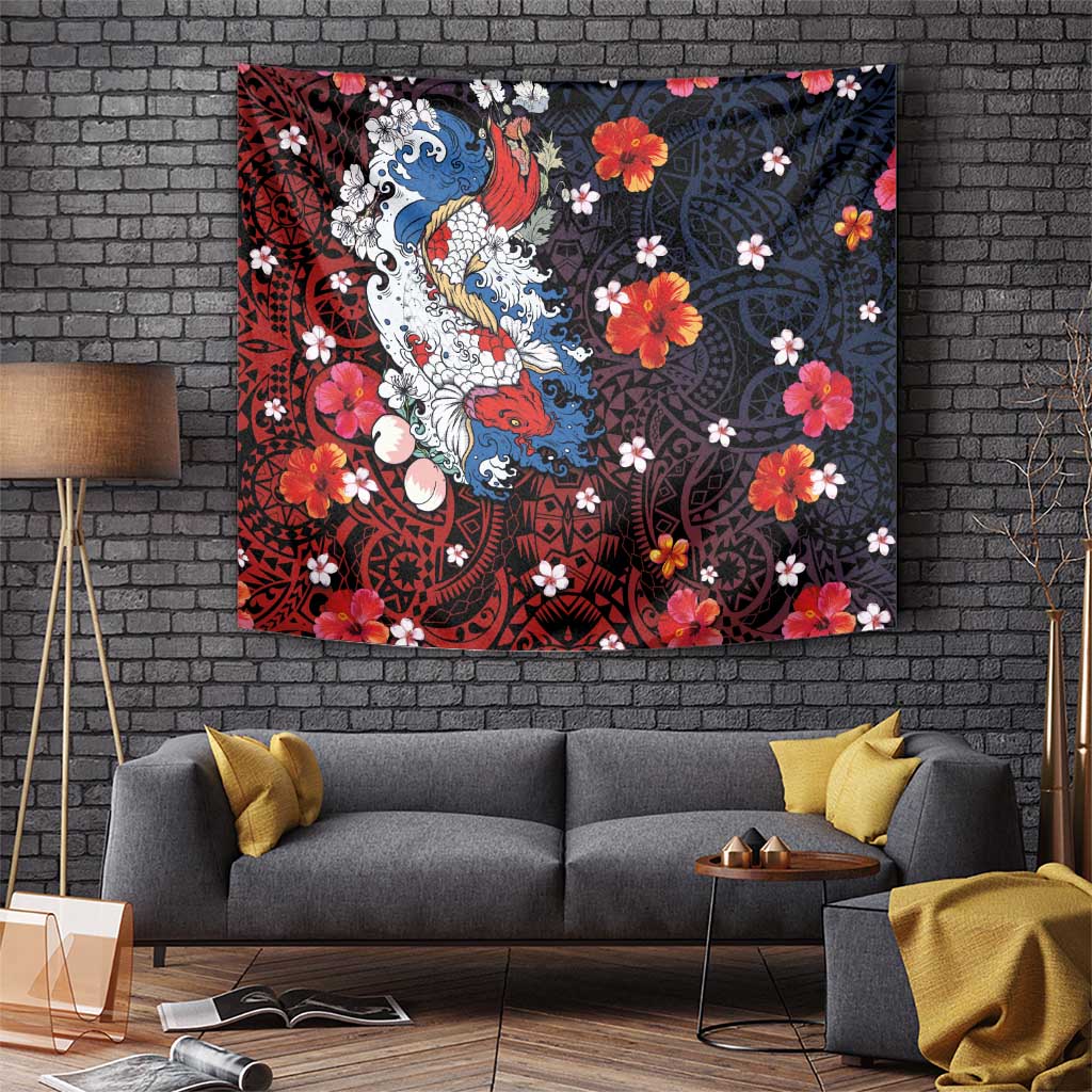 Hawaiian and Japanese Together Tapestry Hibiscus and Koi Fish Polynesian Pattern Colorful Style LT03 - Polynesian Pride