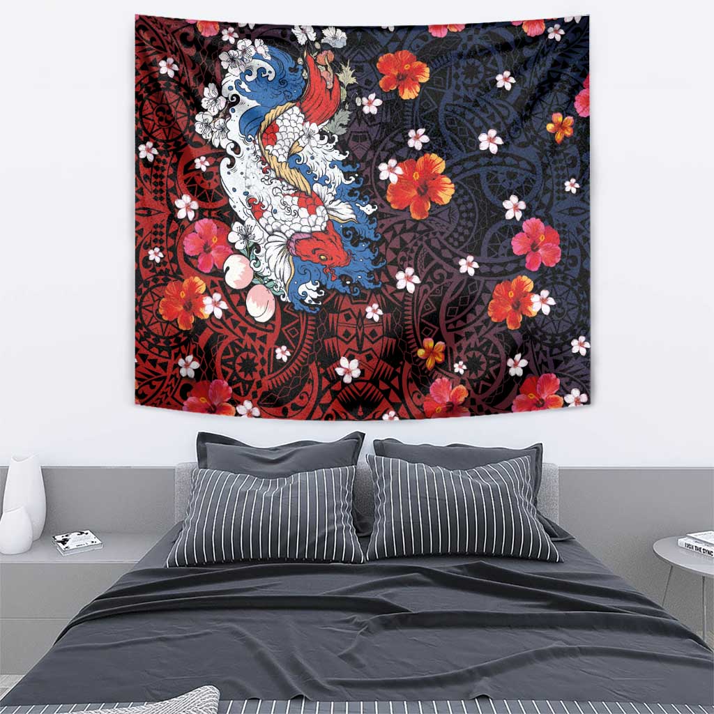 Hawaiian and Japanese Together Tapestry Hibiscus and Koi Fish Polynesian Pattern Colorful Style LT03 - Polynesian Pride