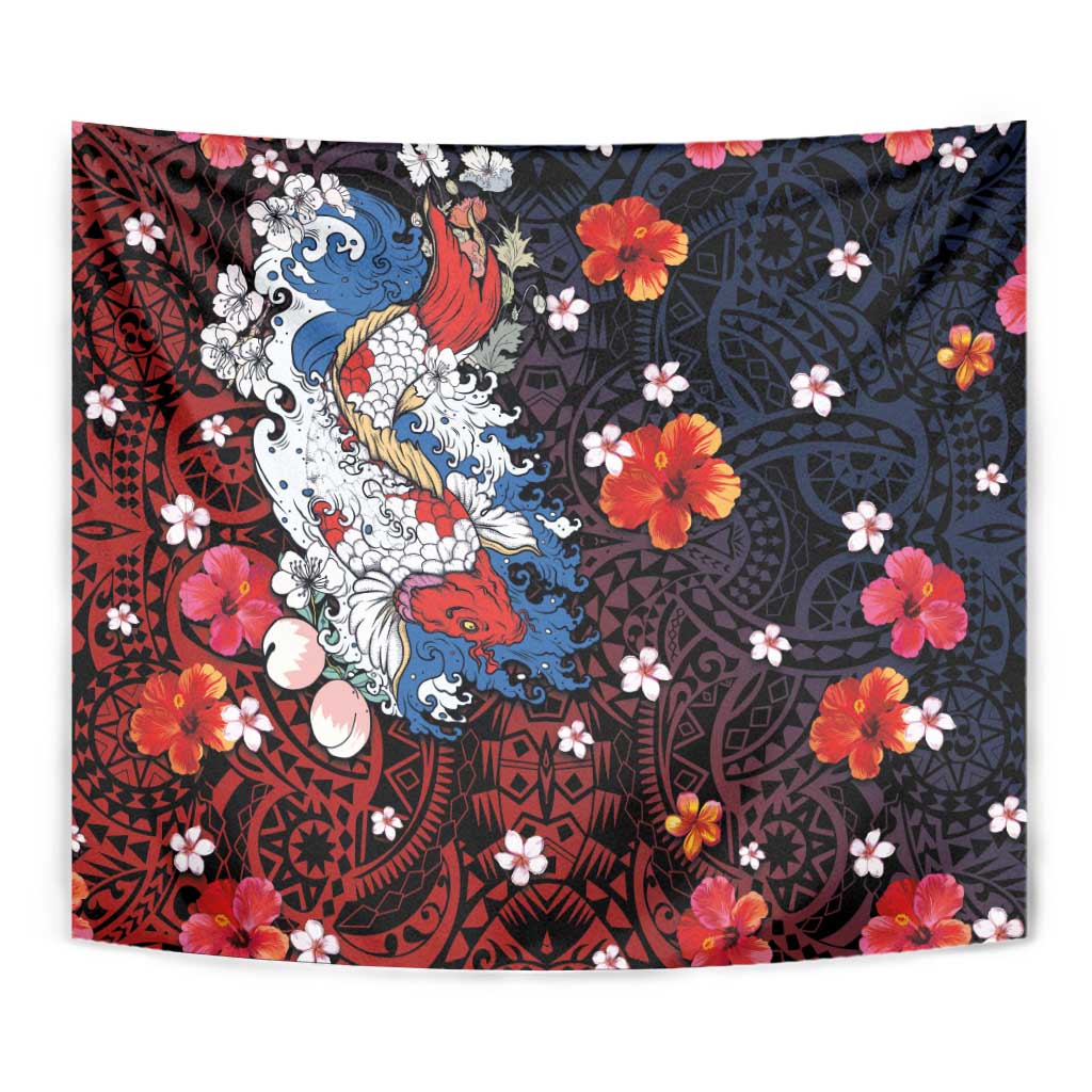 Hawaiian and Japanese Together Tapestry Hibiscus and Koi Fish Polynesian Pattern Colorful Style LT03 - Polynesian Pride