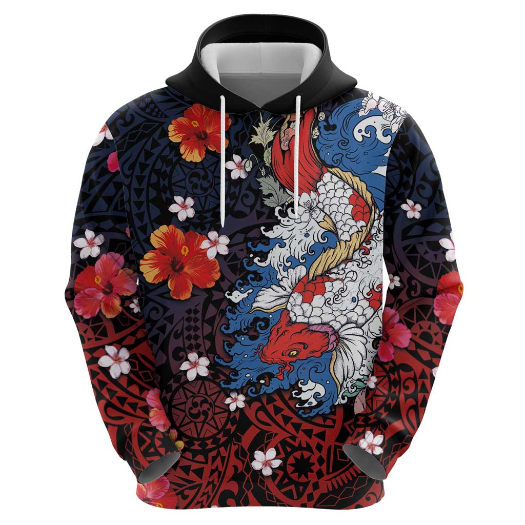 Hawaiian and Japanese Together Zip Hoodie Hibiscus and Koi Fish Polynesian Pattern Colorful Style