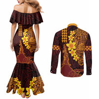 Hawaii Volcano Couples Matching Mermaid Dress and Long Sleeve Button Shirt Polynesian and Kakau Pattern