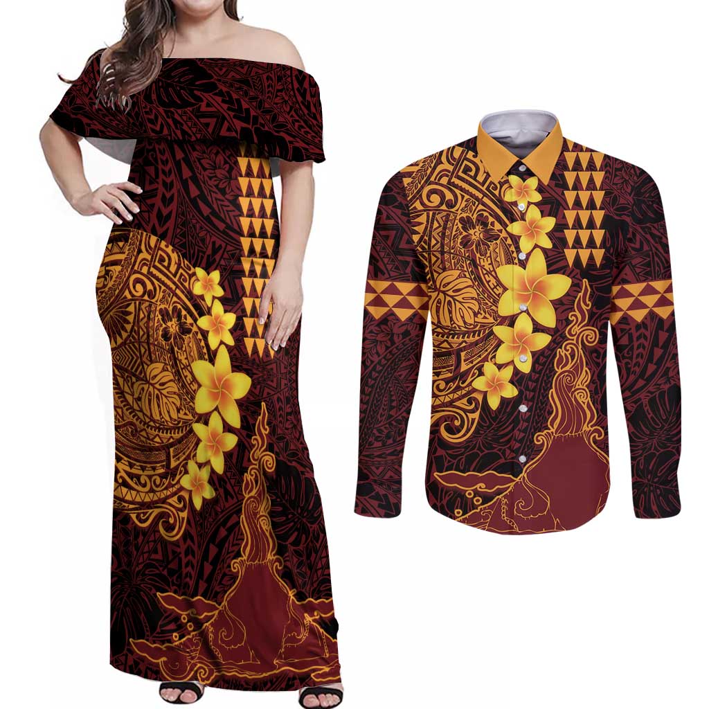 Hawaii Volcano Couples Matching Off Shoulder Maxi Dress and Long Sleeve Button Shirt Polynesian and Kakau Pattern
