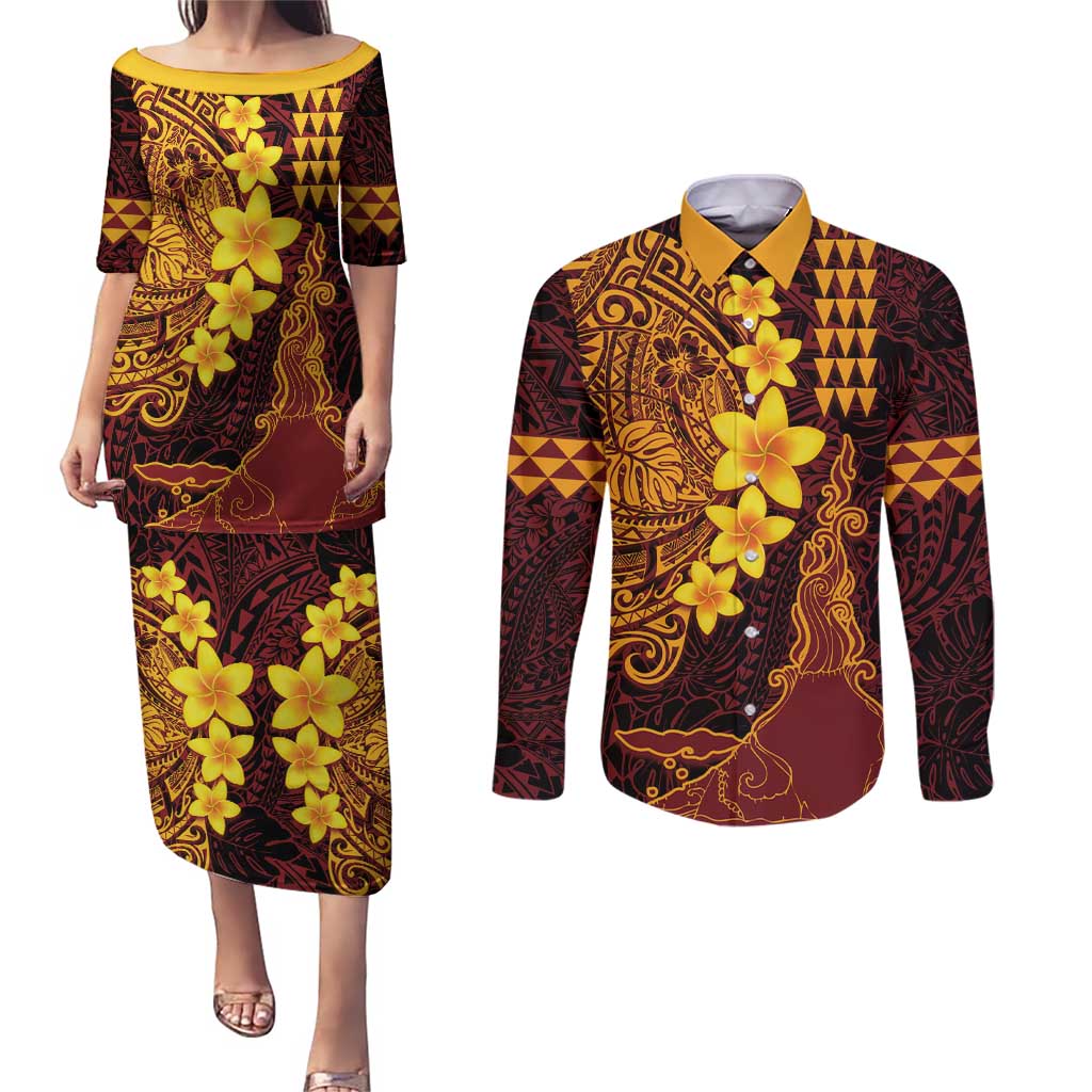 Hawaii Volcano Couples Matching Puletasi and Long Sleeve Button Shirt Polynesian and Kakau Pattern