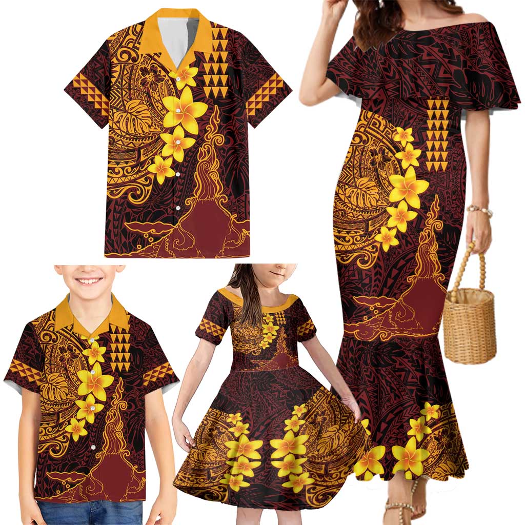 Hawaii Volcano Family Matching Mermaid Dress and Hawaiian Shirt Polynesian and Kakau Pattern