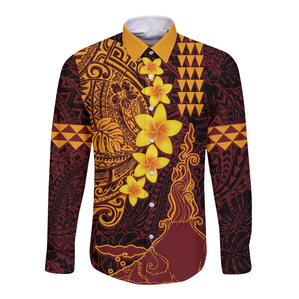 Hawaii Volcano Long Sleeve Button Shirt Polynesian and Kakau Pattern LT03 Unisex Red - Polynesian Pride