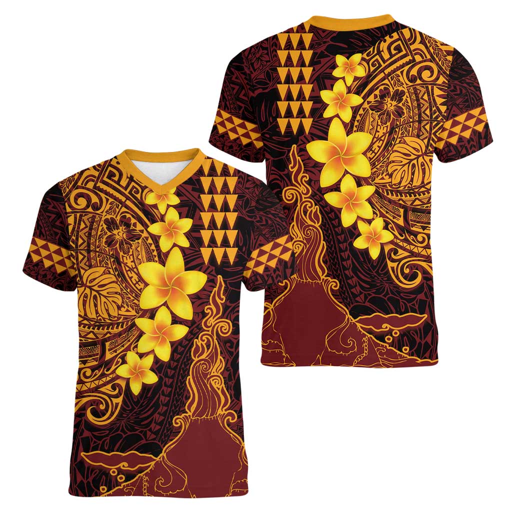 Hawaii Volcano Women V-Neck T-Shirt Polynesian and Kakau Pattern LT03 - Polynesian Pride