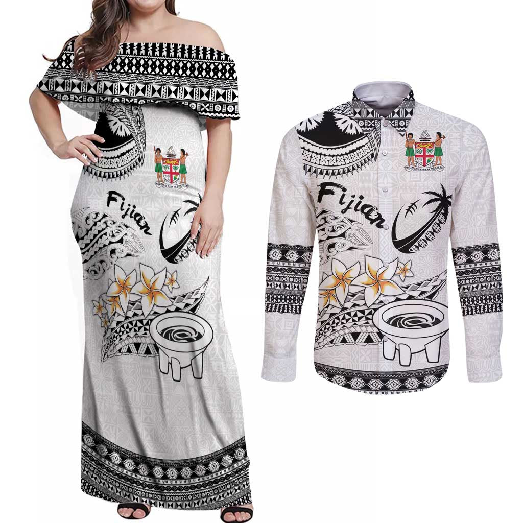 Fijian Traditional Culture Couples Matching Off Shoulder Maxi Dress and Long Sleeve Button Shirt Tapa Tribal Tattoos - Polynesian Pride