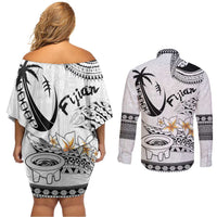Fijian Traditional Culture Couples Matching Off Shoulder Short Dress and Long Sleeve Button Shirt Tapa Tribal Tattoos - Polynesian Pride