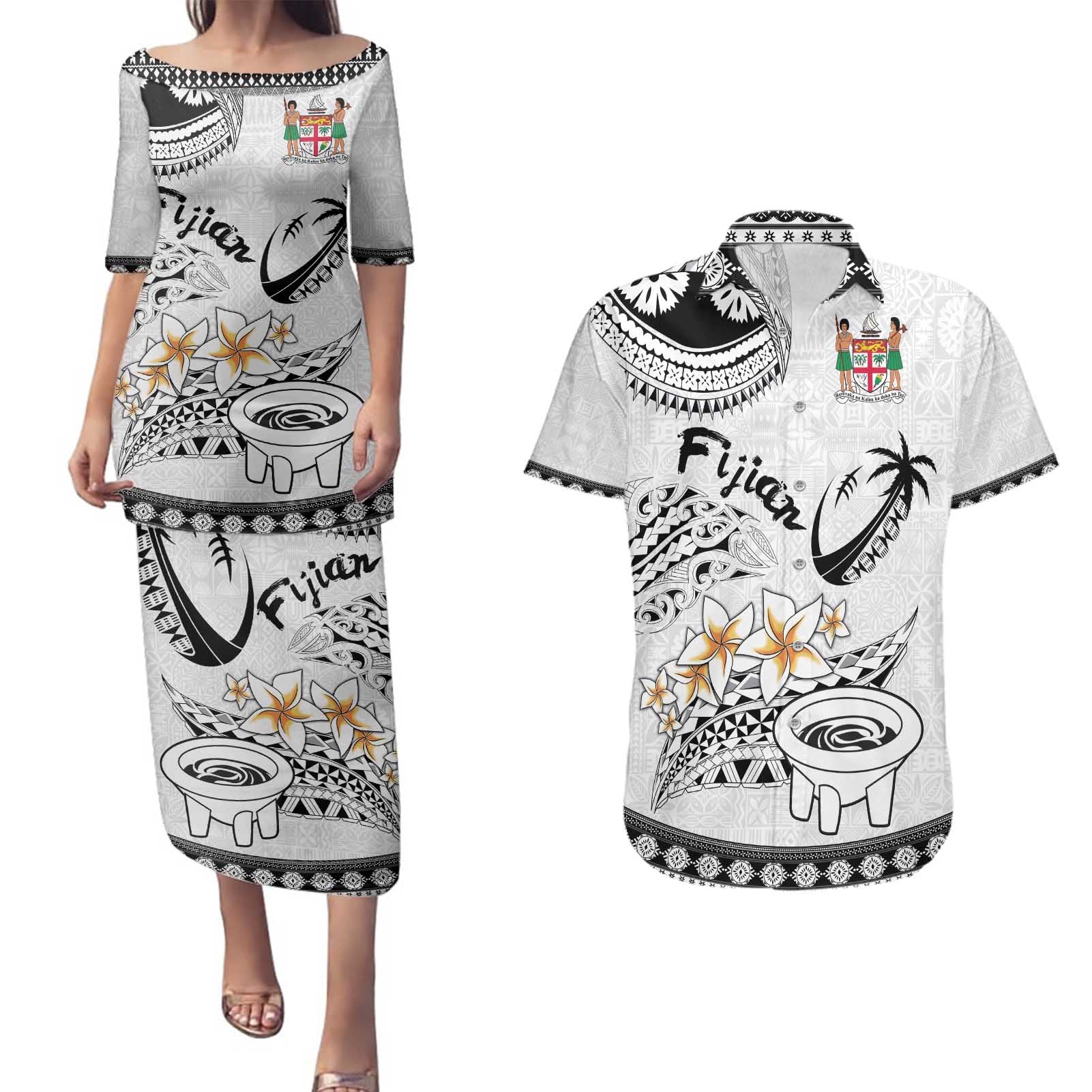 Fijian Traditional Culture Couples Matching Puletasi and Hawaiian Shirt Tapa Tribal Tattoos - Polynesian Pride