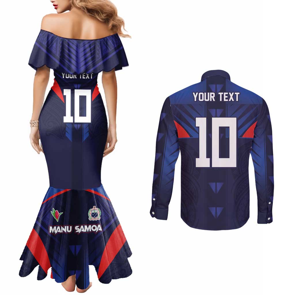 Custom Rugby Samoa Couples Matching Mermaid Dress and Long Sleeve Button Shirt Siva Tau Spirit Sporty Vibes - Polynesian Pride