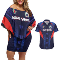 Custom Rugby Samoa Couples Matching Off Shoulder Short Dress and Hawaiian Shirt Siva Tau Spirit Sporty Vibes - Polynesian Pride