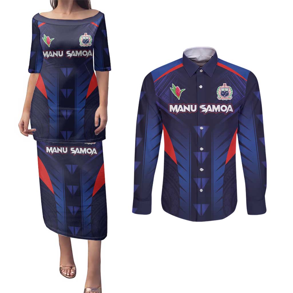 Custom Rugby Samoa Couples Matching Puletasi and Long Sleeve Button Shirt Siva Tau Spirit Sporty Vibes - Polynesian Pride