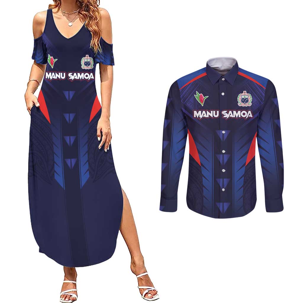 Custom Rugby Samoa Couples Matching Summer Maxi Dress and Long Sleeve Button Shirt Siva Tau Spirit Sporty Vibes - Polynesian Pride