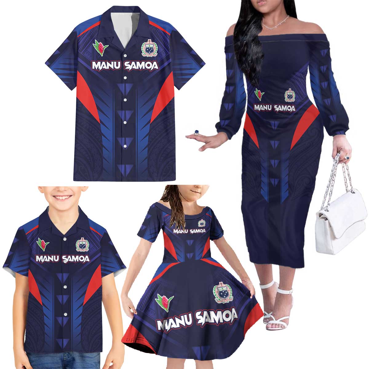 Custom Rugby Samoa Family Matching Off The Shoulder Long Sleeve Dress and Hawaiian Shirt Siva Tau Spirit Sporty Vibes - Polynesian Pride