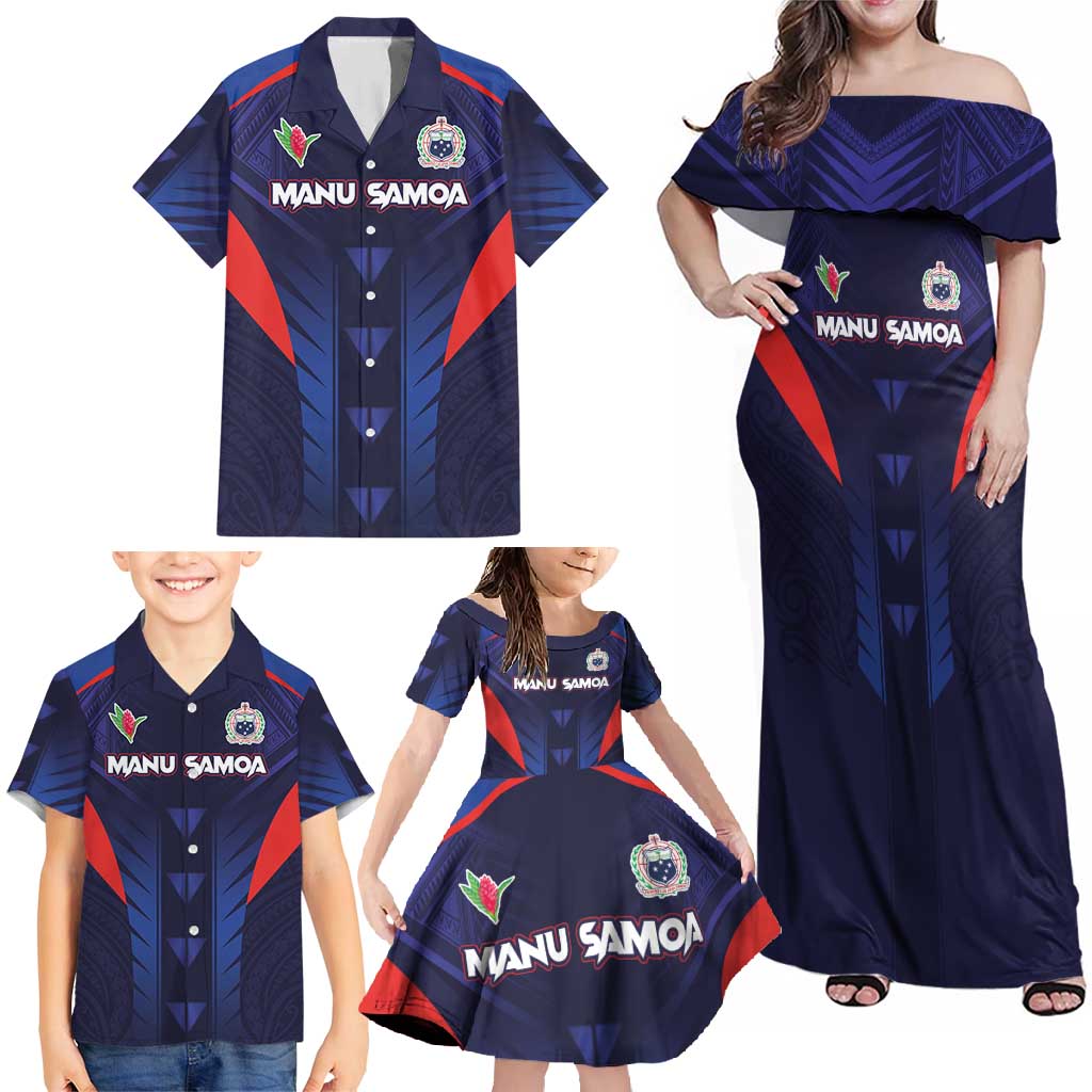 Custom Rugby Samoa Family Matching Off Shoulder Maxi Dress and Hawaiian Shirt Siva Tau Spirit Sporty Vibes - Polynesian Pride