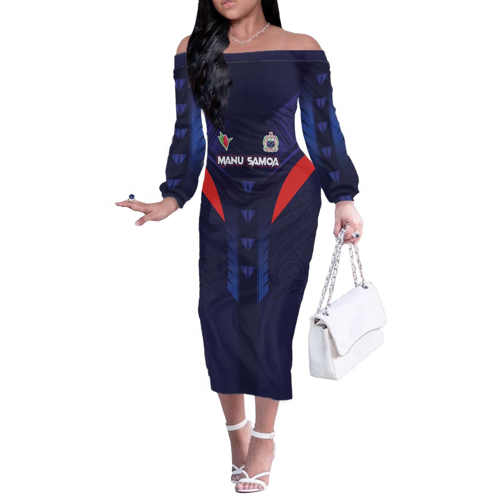 Custom Rugby Samoa Off The Shoulder Long Sleeve Dress Siva Tau Spirit Sporty Vibes - Polynesian Pride