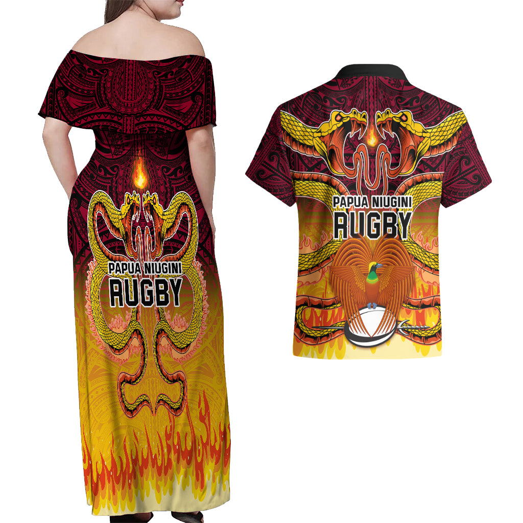 PNG Port Moresby Vipers Rugby Couples Matching Off Shoulder Maxi Dress and Hawaiian Shirt Fire Vipers Mix PNG Bird Polynesian Tattoo LT03 - Polynesian Pride