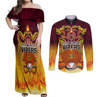 PNG Port Moresby Vipers Rugby Couples Matching Off Shoulder Maxi Dress and Long Sleeve Button Shirts Fire Vipers Mix PNG Bird Polynesian Tattoo LT03 Yellow - Polynesian Pride
