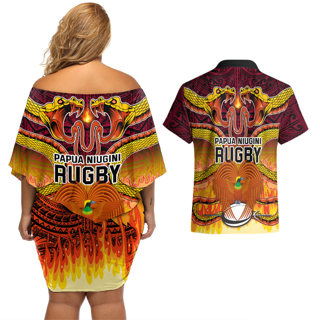 PNG Port Moresby Vipers Rugby Couples Matching Off Shoulder Short Dress and Hawaiian Shirt Fire Vipers Mix PNG Bird Polynesian Tattoo LT03 - Polynesian Pride