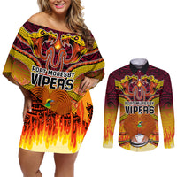 PNG Port Moresby Vipers Rugby Couples Matching Off Shoulder Short Dress and Long Sleeve Button Shirts Fire Vipers Mix PNG Bird Polynesian Tattoo LT03 Yellow - Polynesian Pride