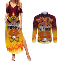 PNG Port Moresby Vipers Rugby Couples Matching Summer Maxi Dress and Long Sleeve Button Shirts Fire Vipers Mix PNG Bird Polynesian Tattoo LT03 Yellow - Polynesian Pride