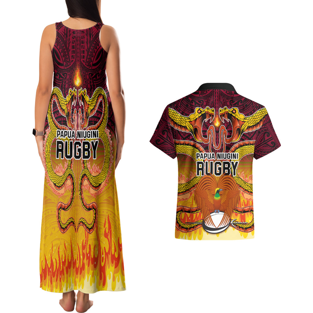 PNG Port Moresby Vipers Rugby Couples Matching Tank Maxi Dress and Hawaiian Shirt Fire Vipers Mix PNG Bird Polynesian Tattoo LT03 - Polynesian Pride