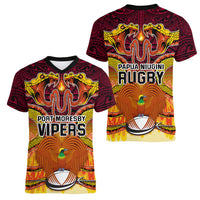 PNG Port Moresby Vipers Rugby Women V Neck T Shirt Fire Vipers Mix PNG Bird Polynesian Tattoo LT03 - Polynesian Pride