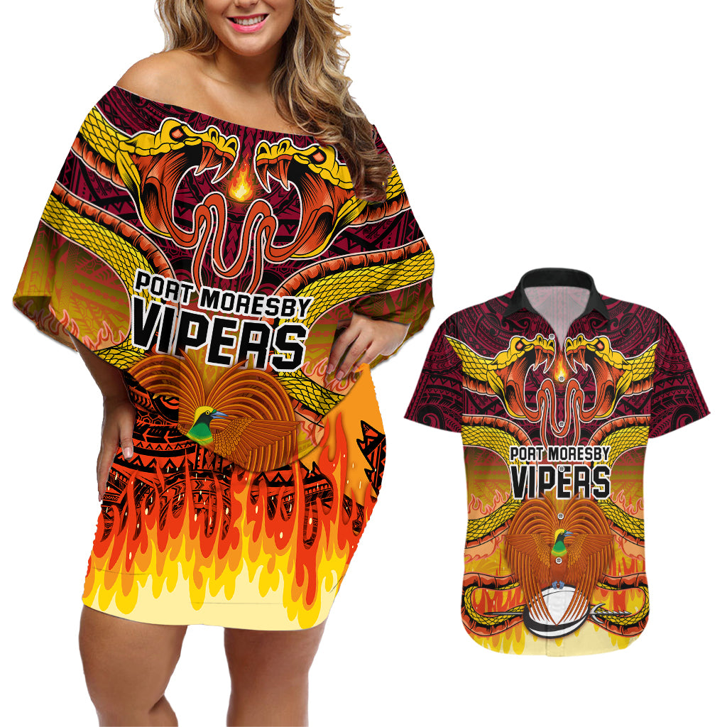 Custom PNG Port Moresby Vipers Rugby Couples Matching Off Shoulder Short Dress and Hawaiian Shirt Fire Vipers Mix PNG Bird Polynesian Tattoo LT03 Yellow - Polynesian Pride