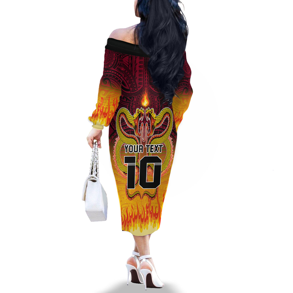 Custom PNG Port Moresby Vipers Rugby Off The Shoulder Long Sleeve Dress Fire Vipers Mix PNG Bird Polynesian Tattoo LT03 - Polynesian Pride
