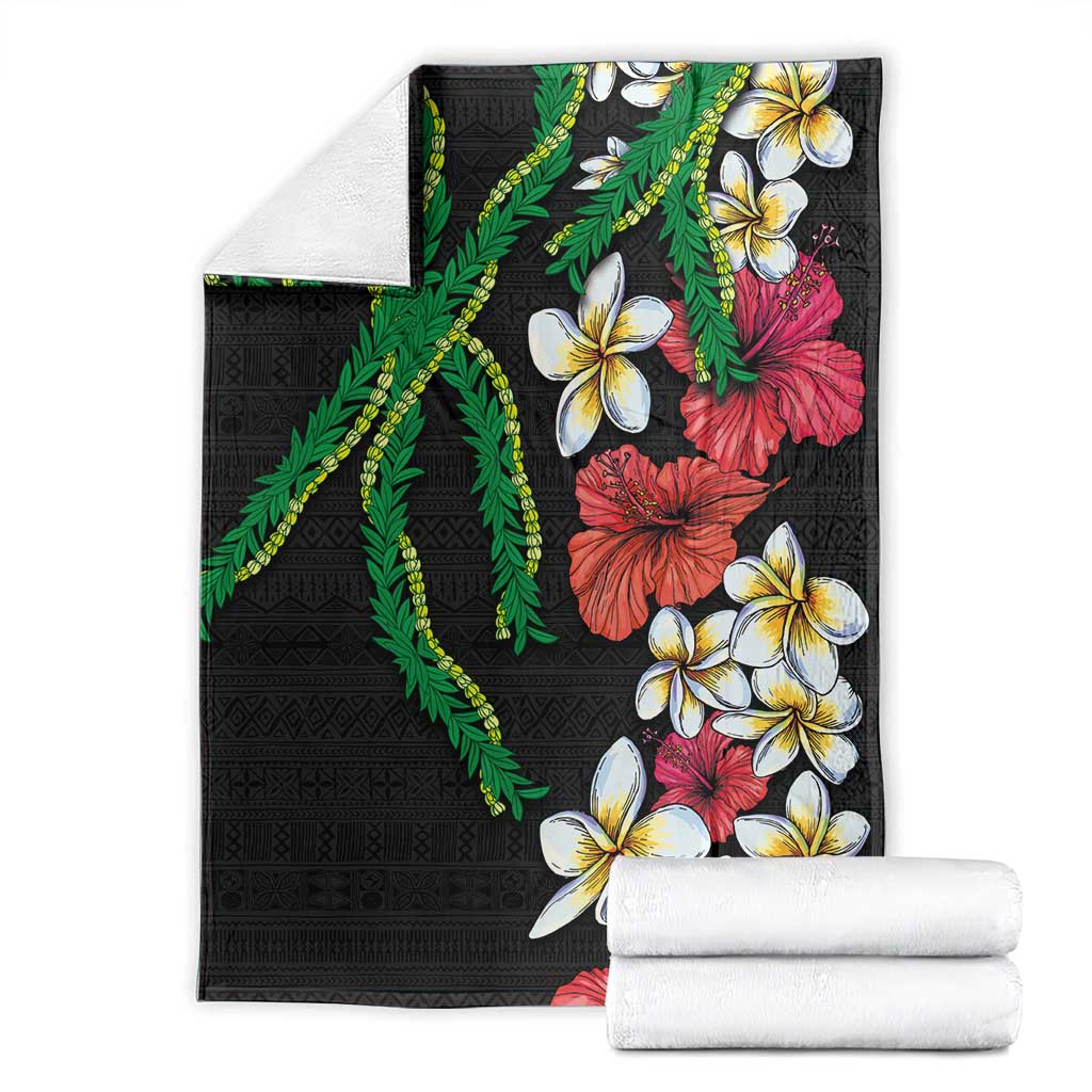 Hawaiian Tropical Flowers and Maile Pikake Blanket Polynesian Tribal Pattern Black Color