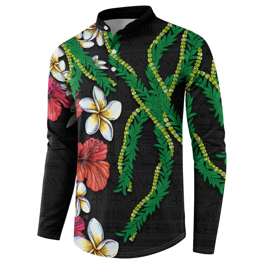 Hawaiian Tropical Flowers and Maile Pikake Button Sweatshirt Polynesian Tribal Pattern Black Color LT03 - Polynesian Pride