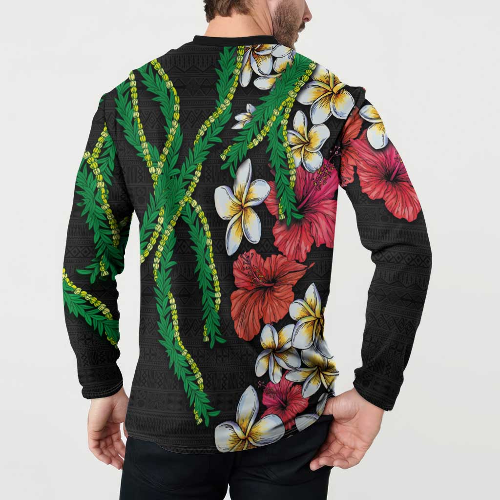 Hawaiian Tropical Flowers and Maile Pikake Button Sweatshirt Polynesian Tribal Pattern Black Color LT03 - Polynesian Pride