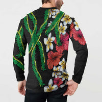 Hawaiian Tropical Flowers and Maile Pikake Button Sweatshirt Polynesian Tribal Pattern Black Color LT03 - Polynesian Pride