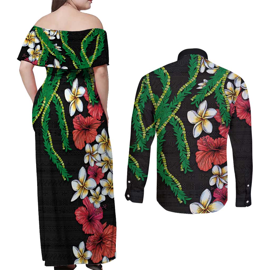 Hawaiian Tropical Flowers and Maile Pikake Couples Matching Off Shoulder Maxi Dress and Long Sleeve Button Shirt Polynesian Tribal Pattern Black Color