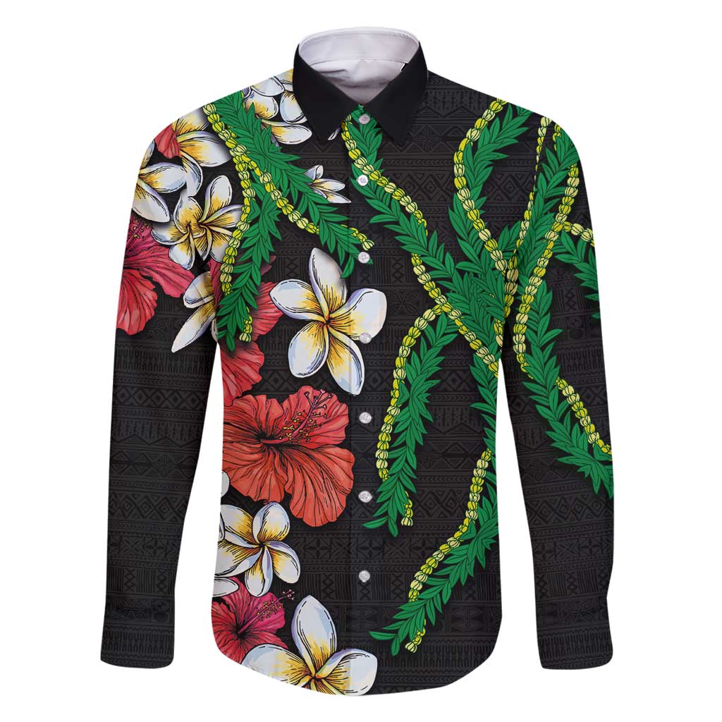 Hawaiian Tropical Flowers and Maile Pikake Family Matching Mermaid Dress and Hawaiian Shirt Polynesian Tribal Pattern Black Color