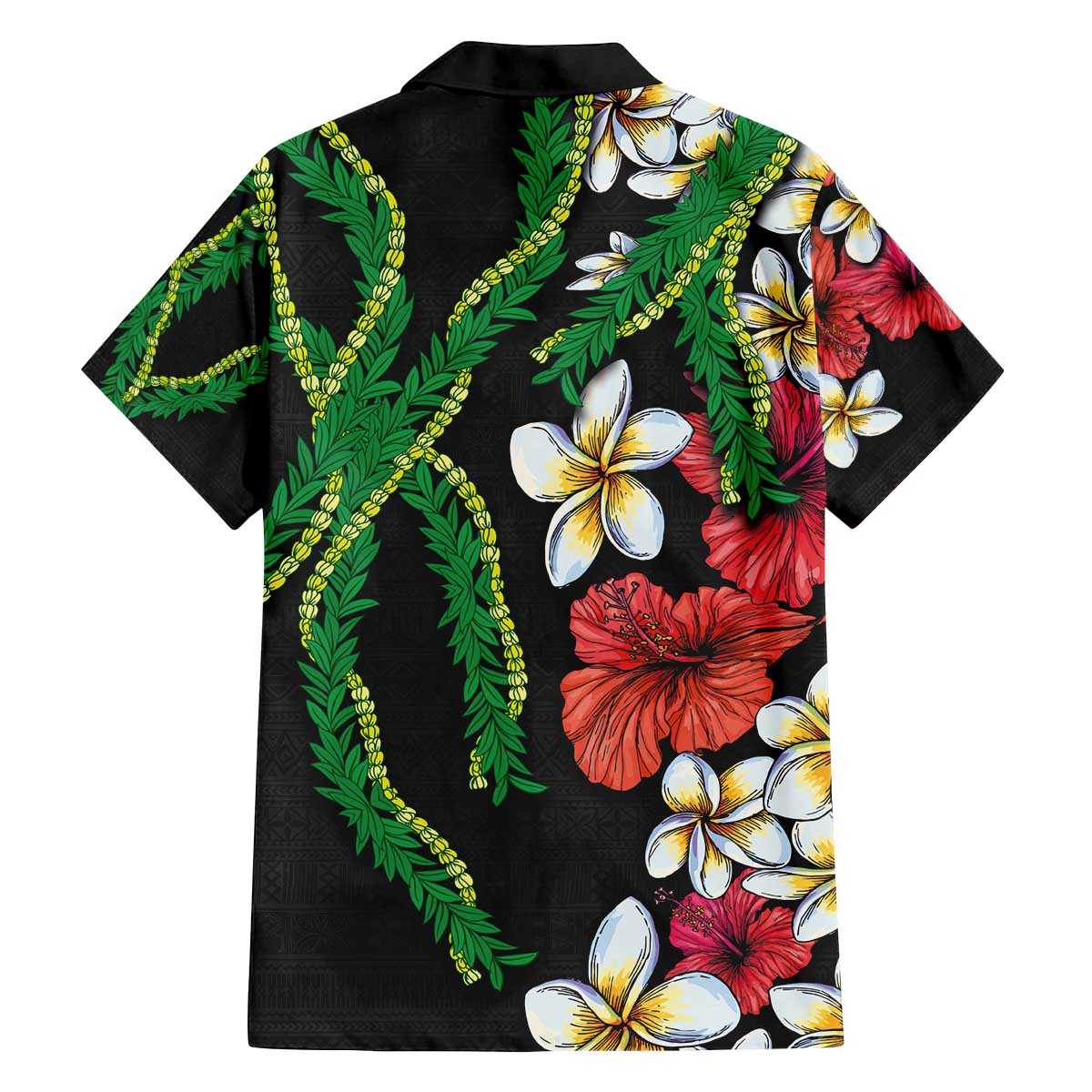 Hawaiian Tropical Flowers and Maile Pikake Family Matching Off Shoulder Short Dress and Hawaiian Shirt Polynesian Tribal Pattern Black Color