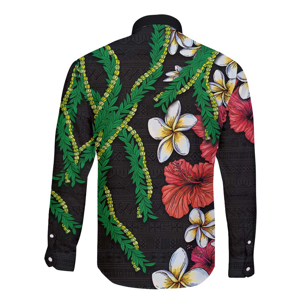 Hawaiian Tropical Flowers and Maile Pikake Long Sleeve Button Shirt Polynesian Tribal Pattern Black Color