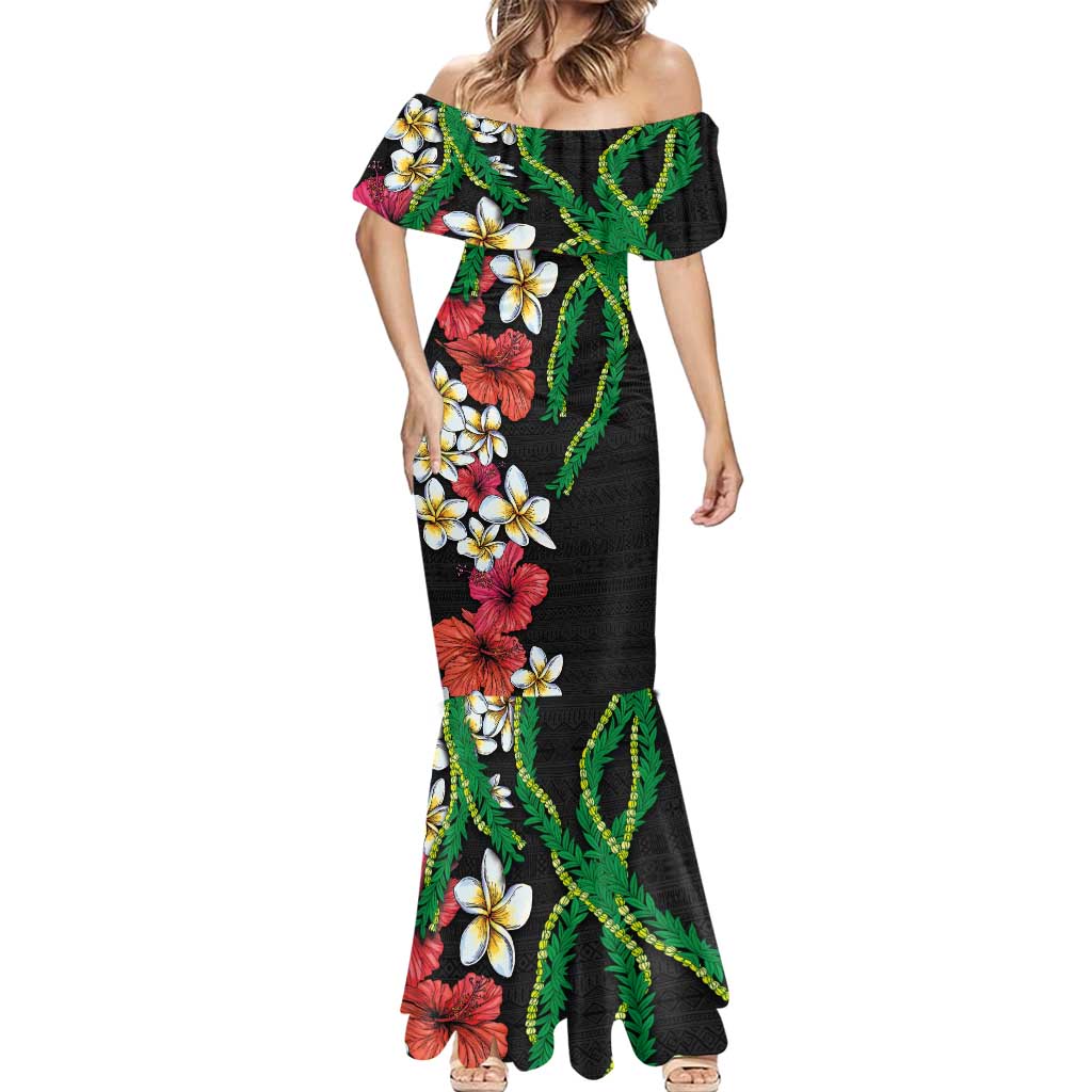 Hawaiian Tropical Flowers and Maile Pikake Mermaid Dress Polynesian Tribal Pattern Black Color