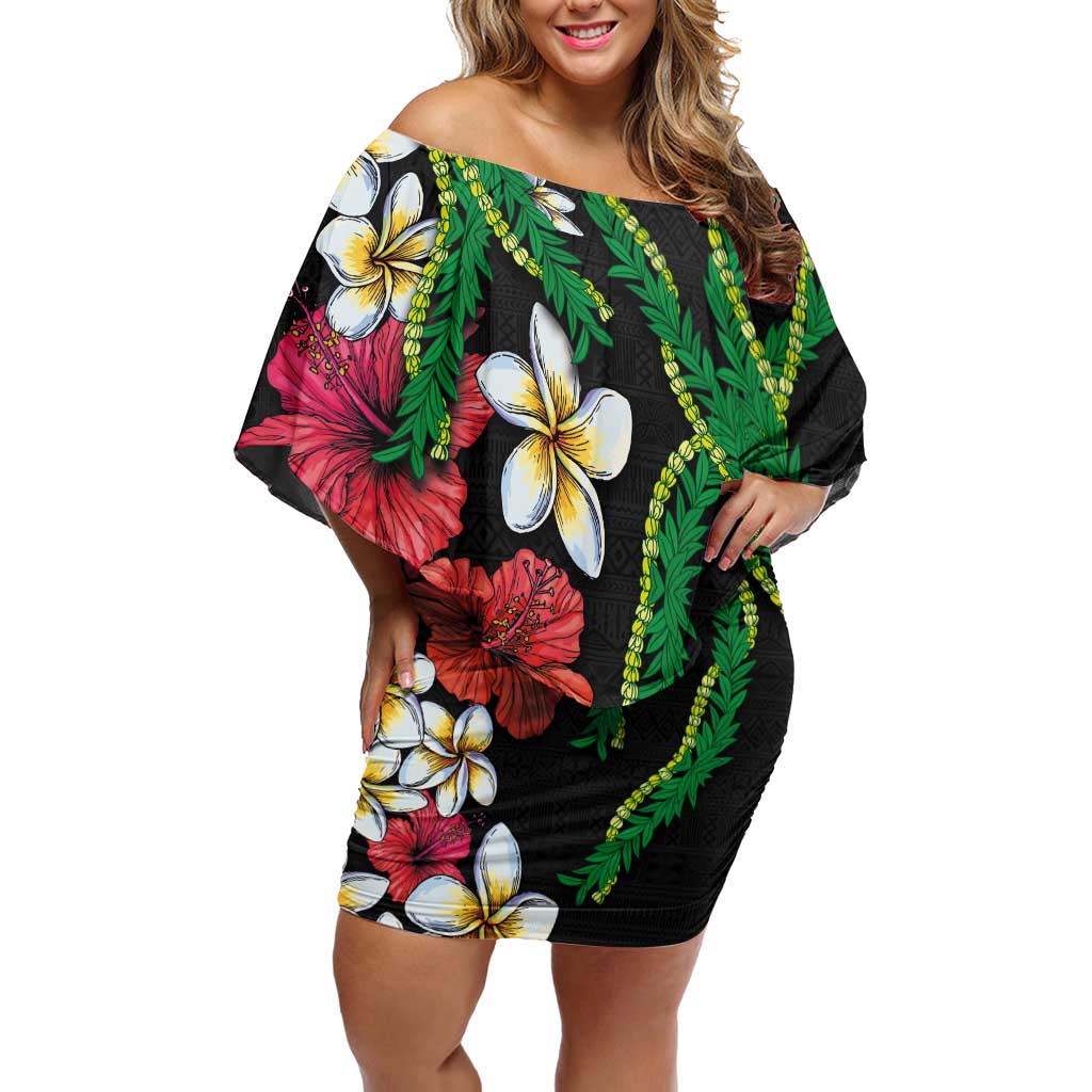 Hawaiian Tropical Flowers and Maile Pikake Off Shoulder Short Dress Polynesian Tribal Pattern Black Color LT03 Women Black - Polynesian Pride