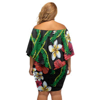 Hawaiian Tropical Flowers and Maile Pikake Off Shoulder Short Dress Polynesian Tribal Pattern Black Color LT03 - Polynesian Pride