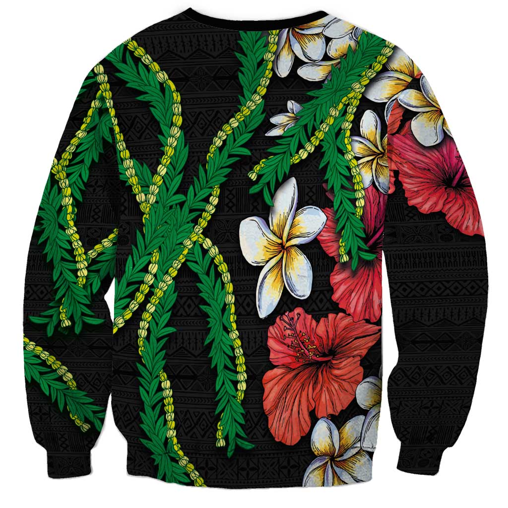 Hawaiian Tropical Flowers and Maile Pikake Sweatshirt Polynesian Tribal Pattern Black Color