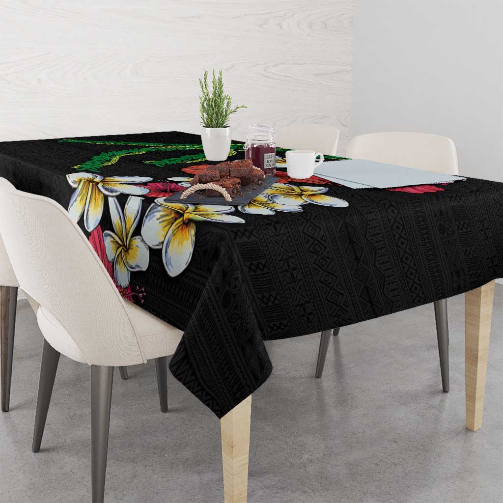 Hawaiian Tropical Flowers and Maile Pikake Tablecloth Polynesian Tribal Pattern Black Color