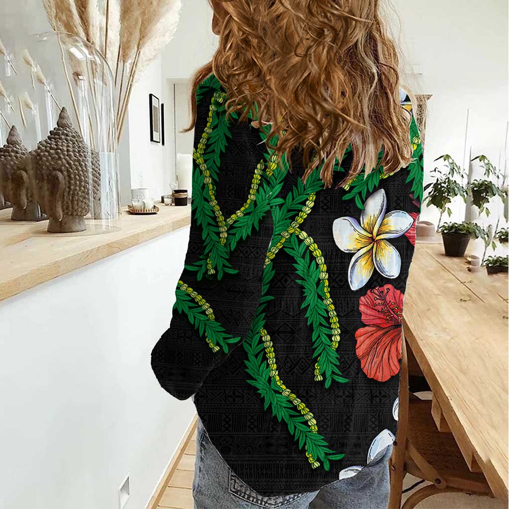 Hawaiian Tropical Flowers and Maile Pikake Women Casual Shirt Polynesian Tribal Pattern Black Color
