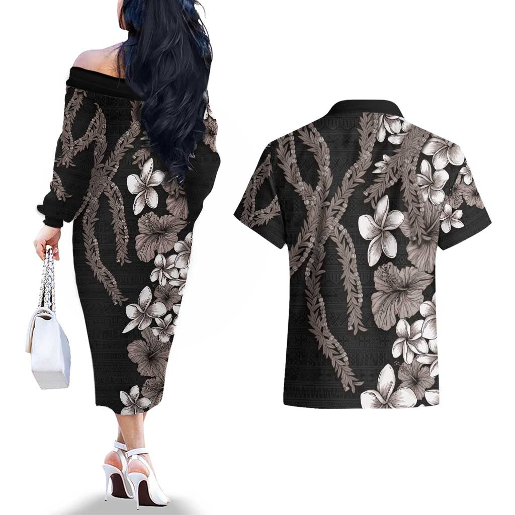 Hawaiian Tropical Flowers and Maile Pikake Couples Matching Off The Shoulder Long Sleeve Dress and Hawaiian Shirt Polynesian Tribal Pattern Grayscale Mode