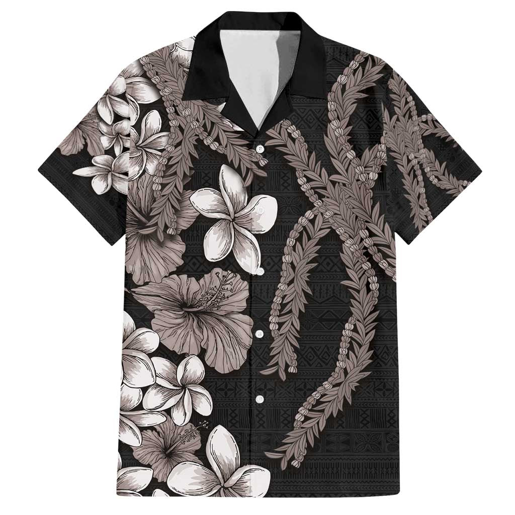 Hawaiian Tropical Flowers and Maile Pikake Family Matching Long Sleeve Bodycon Dress and Hawaiian Shirt Polynesian Tribal Pattern Grayscale Mode