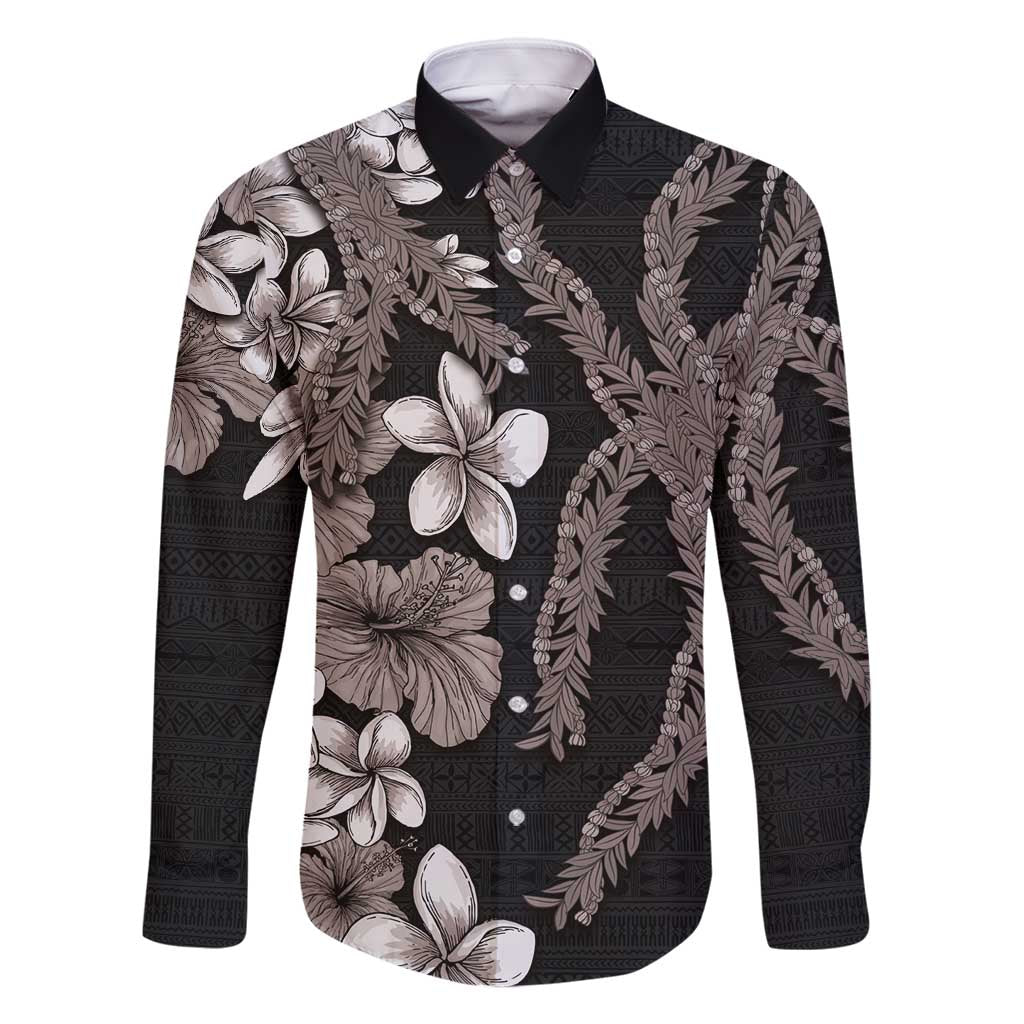 Hawaiian Tropical Flowers and Maile Pikake Family Matching Long Sleeve Bodycon Dress and Hawaiian Shirt Polynesian Tribal Pattern Grayscale Mode